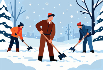 People shoveling snow during a winter snowfall near trees and city buildings