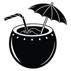 Coconut tropical drink with straw and a little umbrella silhouette vector illustration