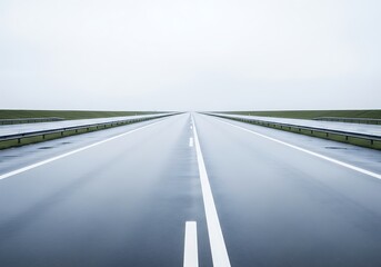 Fototapeta premium Perspective view of a modern wet highway vanishing point in misty weather