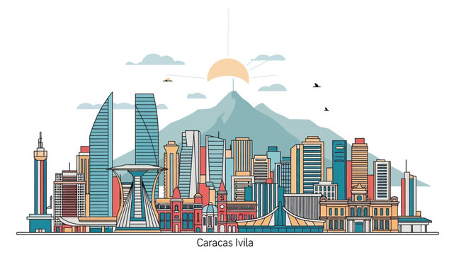 Caracas Avila skyline illustration, modern buildings and natural landscape in Venezuela