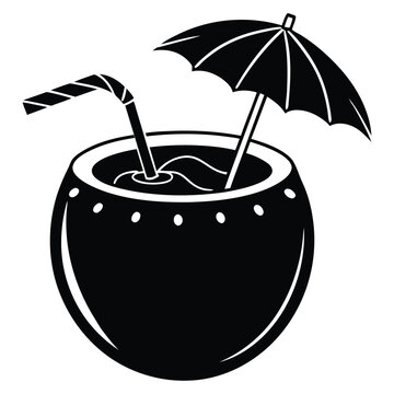 Coconut tropical drink with straw and a little umbrella silhouette vector illustration