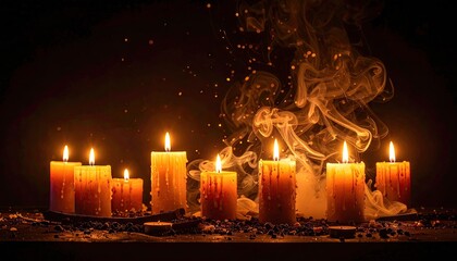 Burning Candles with Smoke and Sparks in Dark Background