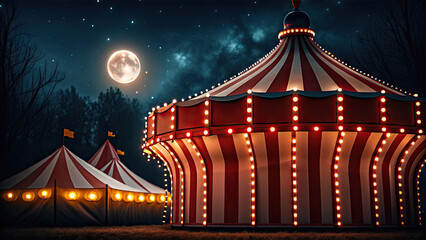 Bright circus tent glowing under starry night concept. A vibrant circus scene under the moonlight with glowing tents.