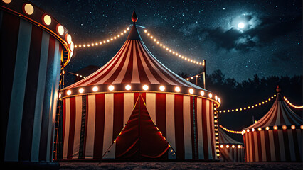Bright circus tent glowing under starry night concept. A vibrant circus scene with illuminated tents under a starry night.