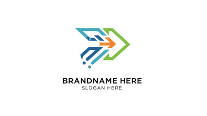 Dynamic abstract arrow logo with multiple colorful elements pointing right, symbolizing progress and technology.
