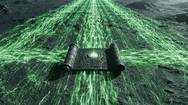 Mystical Scroll in Cosmic Stream:  An ancient scroll lies at the heart of an enigmatic cosmic stream of vibrant emerald energy, the scroll glowing with inner light.
