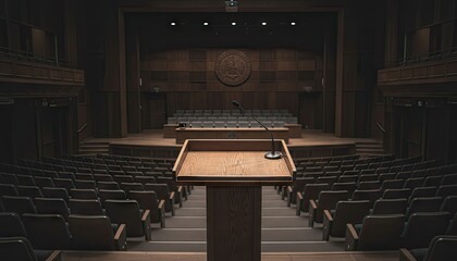 Empty auditorium with wooden seats and stage