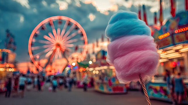Pink cotton candy in front of ferris wheel concept. Colorful cotton candy at a vibrant fairground during sunset.