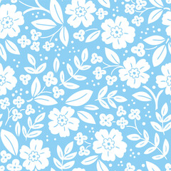 Vector abstract floral seamless pattern with white camomiles on blue background in doodle style. Сute contemporary minimalistic trendy boho background design for kids. Scandinavian nursery print