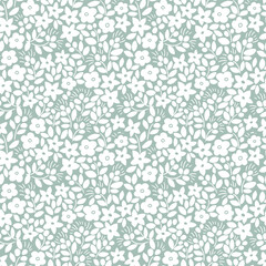 Vector ditsy floral pattern in hand drawn style. Flower seamless print design for kids fabrics, wallpaper or wrapping paper. Botanical repeat background in monochrome mint color. 
