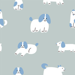 Vector adorable dog characters on grey mint background. Vector animal seamless pattern for kids fabric or nursery wallpaper. Funny dog print design for boys. 