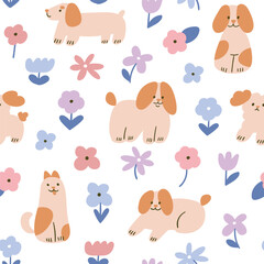 Vector adorable dog characters on the floral background. Vector animal seamless pattern for kids fabric or nursery wallpaper. Funny dog print design. 