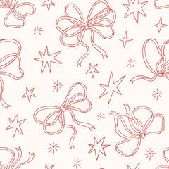 Vector Bow knots and stras on white background, gift bows seamless pattern. Magic bow repeated illustration. Wedding celebration, holiday, party decoration, gift, present concept. 