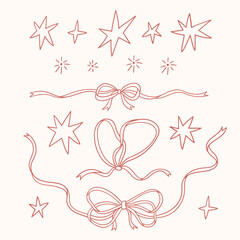 Vector line Bow knots, gift bows collection. Hand drawn bow and star design set isolated on white background. Wedding celebration, happy holiday, party decoration, gift, present concept. 