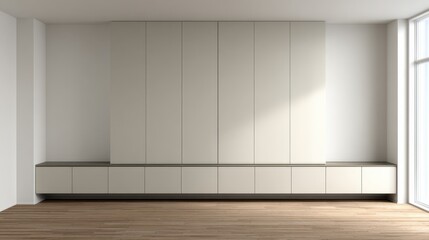 Fototapeta premium Modern minimalist interior design featuring sleek cabinetry and wooden flooring in a bright and spacious living area with natural light streaming in