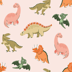 Vector dinosaurs seamless pattern. Cartoon cute characters isolated on light pink background. Diplodocus, pterodactyl, triceratops, tyrannosaurus rex kids repeat print design.
