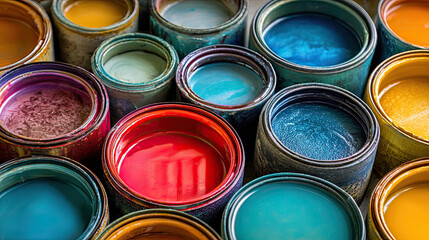 Paint store display with color swatches concept. Vibrant paint cans in various colors arranged in a creative layout.