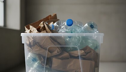 Plastic and paper waste fills recycling bin near window