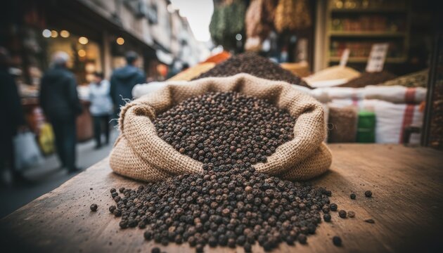 Burlap sack spills peppercorns on market table