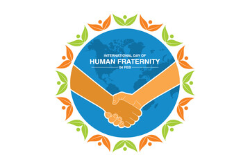 Vector illustration of a handshake inside a globe with decorative human leaf icons symbolizing unity, peace, and global fraternity for International Day of Human Fraternity.