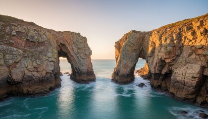 Fototapeta premium Two rock arches meet the sea at sunrise