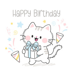 Cute kawaii cat holding a birthday gift with confetti and "Happy Birthday" text, hand-drawn doodle illustration