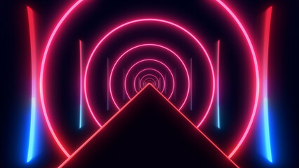 Abstract neon red and blue glowing tunnel with circular light rings and futuristic depth. Sci fi illustration for music visuals, cyber design, digital environments and modern background concepts.