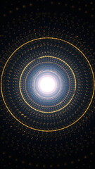 Abstract golden tunnel made of glowing particles and concentric rings. Futuristic energy corridor with depth and light, suitable for digital backgrounds and tech design.