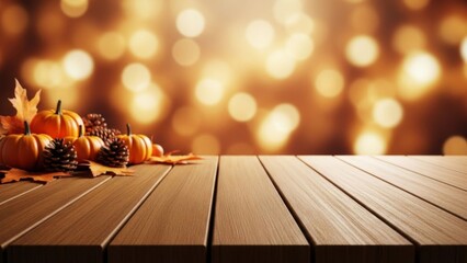 Rustic autumn arrangement of pumpkins and pinecones on a wooden table surface displaying bokeh
