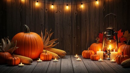 Rustic autumnal arrangement featuring pumpkins corn candlelight and string lights display