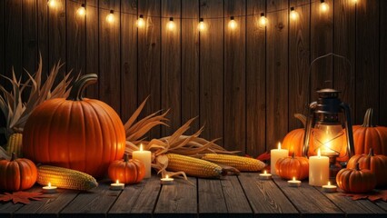 Rustic autumnal arrangement with pumpkins corn and candles aglow on wooden planks