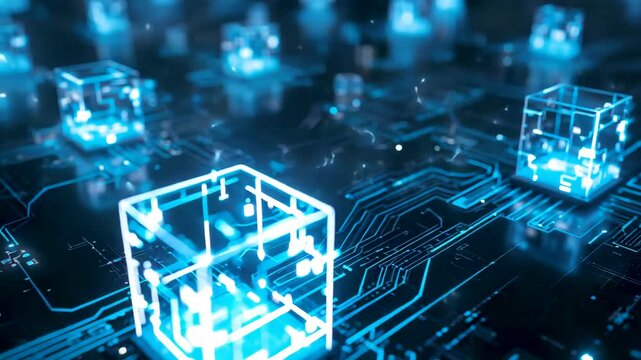 Glowing transparent cubes embedded in digital circuit board landscape with blue light