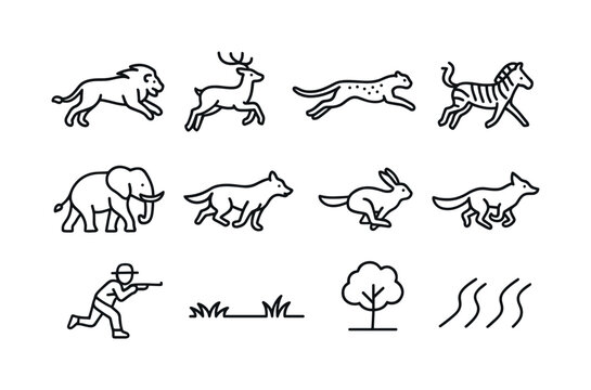 Wildlife Chase Icons. Wildlife chasing. Line icon set of wildlif