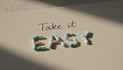 Pills form "easy" text on paper, sunshine