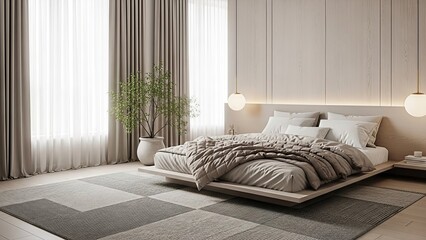Serene bedroom ambiance with neutral tones, soft lighting and natural elements creating a relaxing