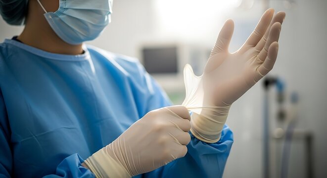 Surgeon preps, donning sterile latex gloves, operating room procedure