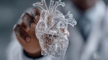 Doctor holding a transparent 3D printed human heart model. Ideal for medical blogs, health tech sites, and articles on cardiology and future surgical innovations