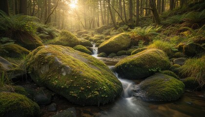 Mossy stones in forest stream, sunlight through trees