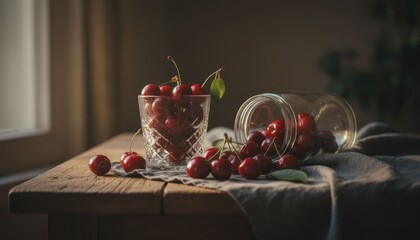 Cherries in a glass and spilled on wooden table