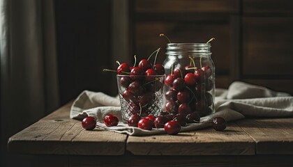Ripe cherries in glass & jar on wooden table, soft light