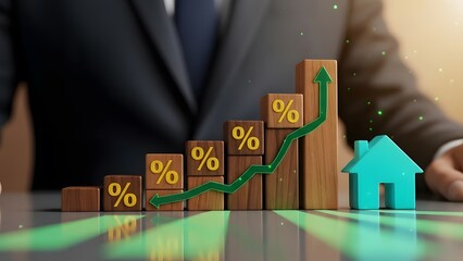 Rising housing market interest rates shown with percentage growth chart and miniature house