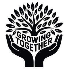 Growing together tree logo vector hands holding growth symbol design