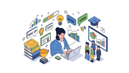 Woman Working on Laptop with Business Icons.