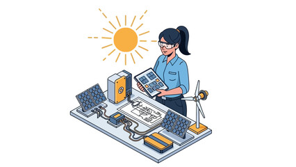 Woman Working on Solar Panel System Design.