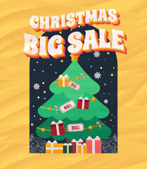 Christmas Big Sale with decorated tree and discount tags. Perfect for holiday promotions, seasonal sales, and eye-catching marketing campaigns