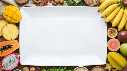 Empty white plate framed by a colorful array of fresh tropical fruits, wholesome nuts, and healthy greens, perfect for diet, nutrition, and healthy food concepts