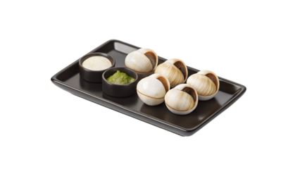 Assorted gingerbread cookies served with dipping sauces on a dark tray against a white background