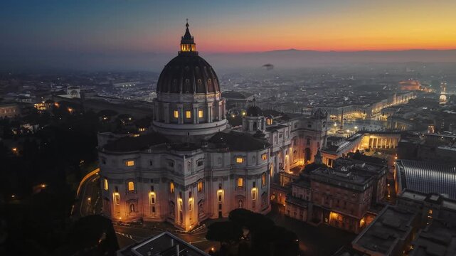 Aerial view of St Peter's Basilica in Rome during sunrise with city lights in the background. San Pietro Basilica at sunrise with city lights in Vatican, Rome, Italy. Red sunrise sky at background