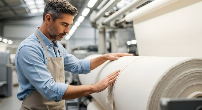 A diligent man inspecting a large fabric roll at a modern textile factory, emphasizing the quality control concept