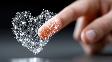Digital heart network touched by finger, futuristic connection